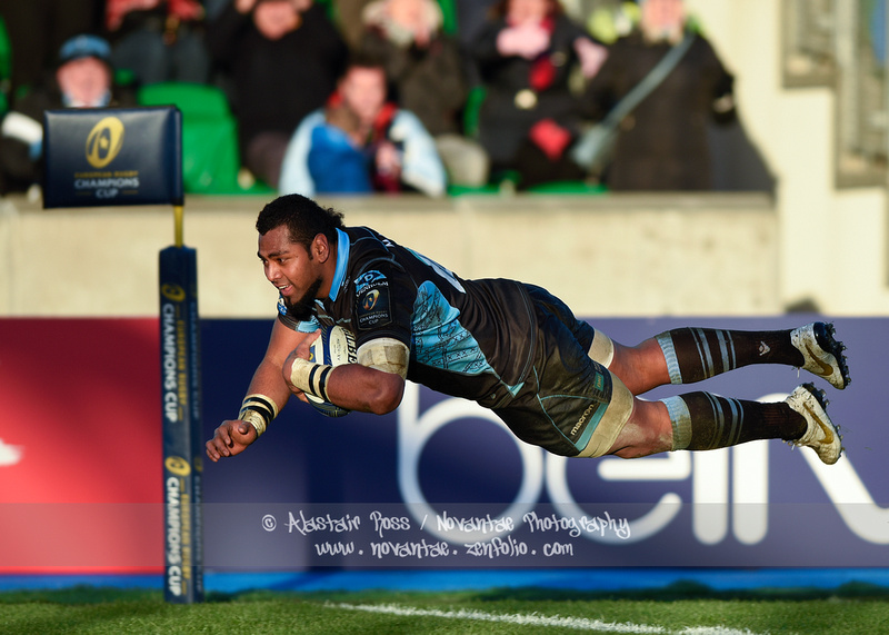 Taqele Naiyaravoro scores for Glasgow Warriors vs Llanelli Scarlets in the European Rugby Champions Cup.